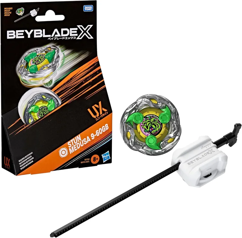 Hasbro ▫️ Beyblade X, Stun Medusa 9-60 GB UX, Kit Inicial com Top Takara Tomy do Tipo Resistência e Lançador, Conjunto de Tops de Batalha, A partir dos 8 anos