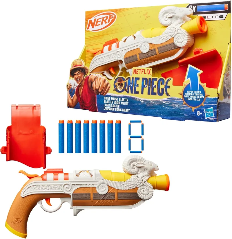 Nerf ▫️ Netflix One Piece, Lançador Going Merry, Estojo com Clipe, 8 Dardos Elite, Inspirado na série da Netflix, Brinquedos para meninos e meninas a partir dos 8 anos