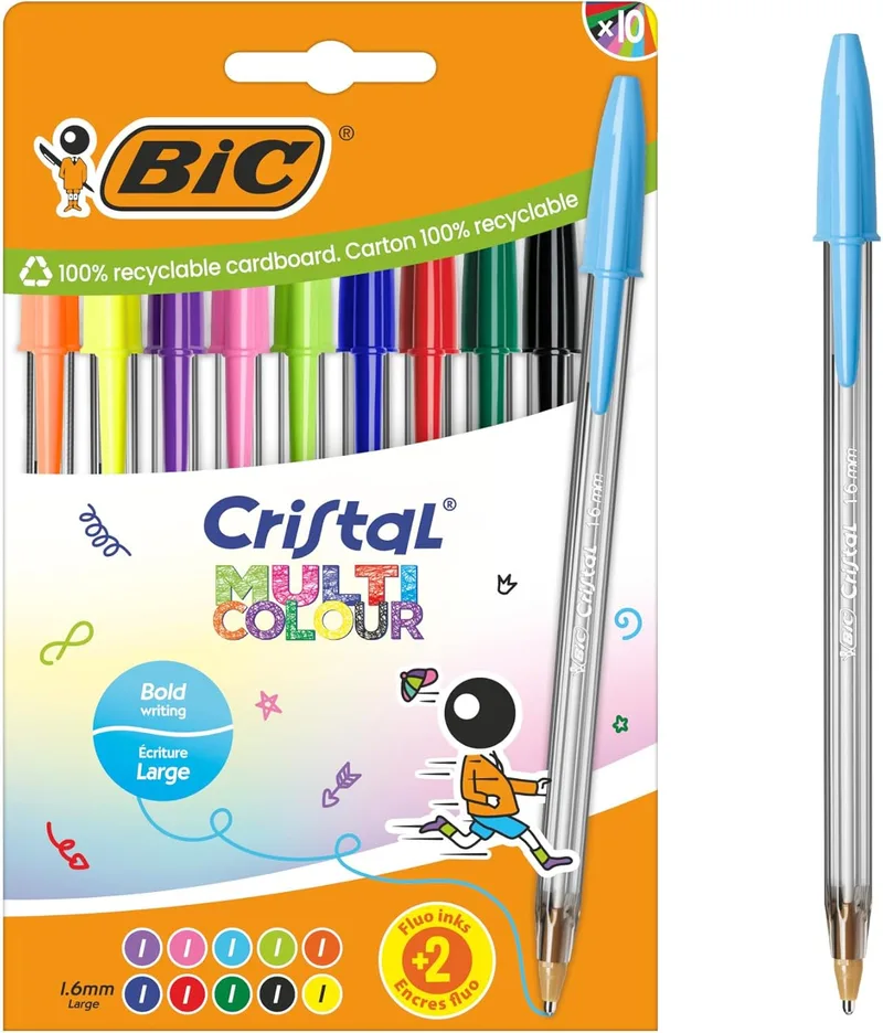 BIC ▫️ Cristal Canetas esferográficas largas multicoloridas (1,6 mm) - Clássicas, néon e cores divertidas sortidas, embalagem de 10