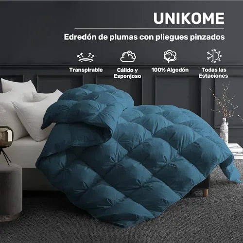 UNIKOME ▫️ Edredão de penas e penugem para cama 135/150, 100% algodão, enchimento de penugem para as quatro estações, design com pregas alfinetadas, certificado Oeko-Tex (Azul-marinho, 220 x 240 cm) 2