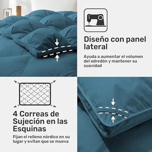 UNIKOME ▫️ Edredão de penas e penugem para cama 135/150, 100% algodão, enchimento de penugem para as quatro estações, design com pregas alfinetadas, certificado Oeko-Tex (Azul-marinho, 220 x 240 cm) 4