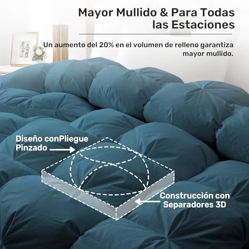 UNIKOME ▫️ Edredão de penas e penugem para cama 135/150, 100% algodão, enchimento de penugem para as quatro estações, design com pregas alfinetadas, certificado Oeko-Tex (Azul-marinho, 220 x 240 cm) 5
