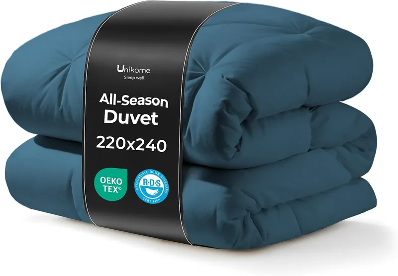 UNIKOME ▫️ Edredão de penas e penugem para cama 135/150, 100% algodão, enchimento de penugem para as quatro estações, design com pregas alfinetadas, certificado Oeko-Tex (Azul-marinho, 220 x 240 cm)