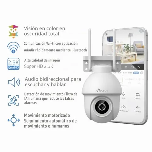 NIVIAN ▫️ Câmara PTZ Wi-Fi de 2,4 GHz Half4K 2560x1440, Visão Noturna a Cores, Detecção de Movimento e Pessoas, Compatível com Alexa e Google Home, Controlo através da aplicação Tuya, Imagem Super HD 2,5k 2