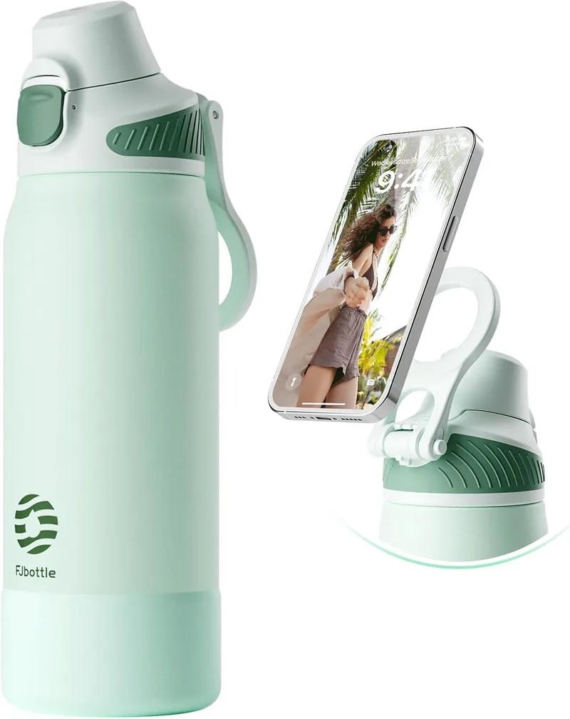 Fjbottle ▫️ Garrafa de Água em Aço Inoxidável de 1 L, Térmica com Palhinha | Pega magnética que funciona como suporte para telemóvel, abertura com um clique, à prova de fugas, capa de silicone e escova incluídas.