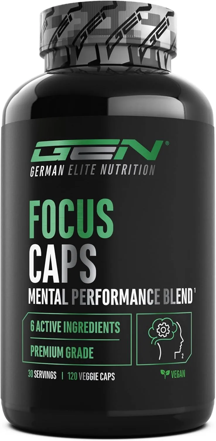 GEN GERMAN ELITE NUTRITION ▫️ Focus Caps - 120 cápsulas - Mistura de desempenho mental com L-teanina, chá verde, guaraná, extrato de Citrus aurantium, cafeína, D-glucuronolactona - Dosagem elevada, vegan