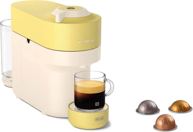 De'Longhi Nespresso Vertuo Pop ENV90.LE, Máquina de café de cápsulas com tecnologia de centrifugação, 4 tamanhos de chávena, inclui um conjunto de boas-vindas com 12 cápsulas, 1260 W, amarelo pastel