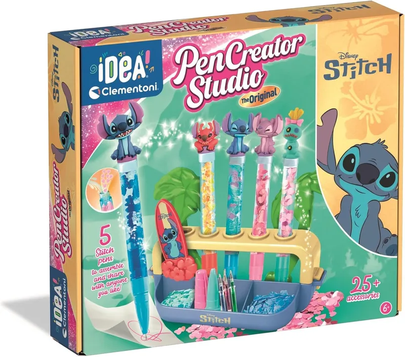 Clementoni ▫️ Idea - Laboratório de Canetas Disney Stitch - Kit Criativo com 5 canetas e mais de 25 acessórios, a partir dos 6 anos, desenvolvimento da criatividade e da motricidade fina, 28,9 x 5,4 x 24,9 cm, 18203