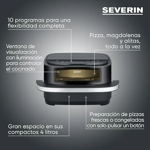 Severin ▫️ Fritadeira de ar quente S-Fry Pizza & More, 10 programas automáticos para pizza e muito mais, distribuição ideal do calor, formato extra-largo, janela de visualização, 4 l, 2100 W, preto, prateado, FR 2464 2