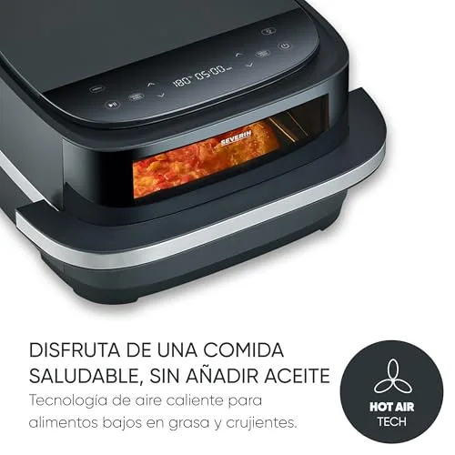 Severin ▫️ Fritadeira de ar quente S-Fry Pizza & More, 10 programas automáticos para pizza e muito mais, distribuição ideal do calor, formato extra-largo, janela de visualização, 4 l, 2100 W, preto, prateado, FR 2464 3
