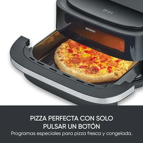 Severin ▫️ Fritadeira de ar quente S-Fry Pizza & More, 10 programas automáticos para pizza e muito mais, distribuição ideal do calor, formato extra-largo, janela de visualização, 4 l, 2100 W, preto, prateado, FR 2464 5