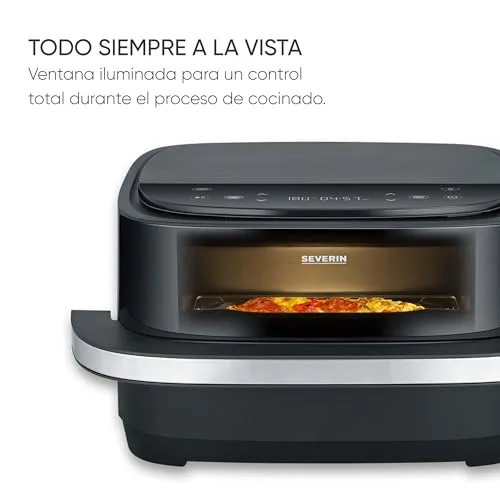 Severin ▫️ Fritadeira de ar quente S-Fry Pizza & More, 10 programas automáticos para pizza e muito mais, distribuição ideal do calor, formato extra-largo, janela de visualização, 4 l, 2100 W, preto, prateado, FR 2464 6