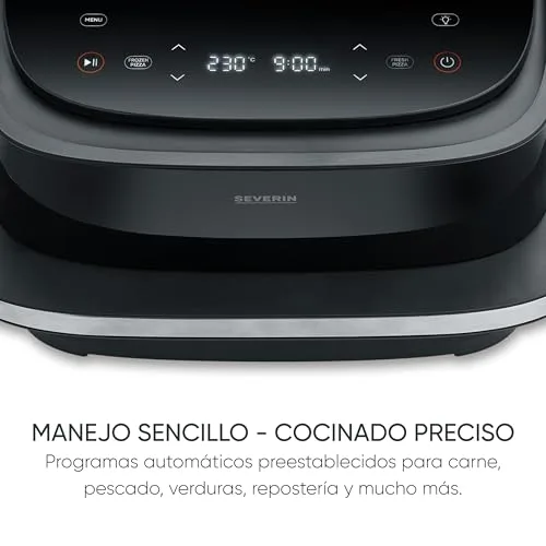 Severin ▫️ Fritadeira de ar quente S-Fry Pizza & More, 10 programas automáticos para pizza e muito mais, distribuição ideal do calor, formato extra-largo, janela de visualização, 4 l, 2100 W, preto, prateado, FR 2464 7