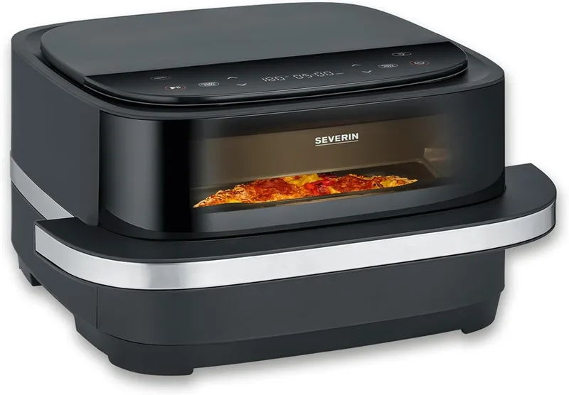 Severin ▫️ Fritadeira de ar quente S-Fry Pizza & More, 10 programas automáticos para pizza e muito mais, distribuição ideal do calor, formato extra-largo, janela de visualização, 4 l, 2100 W, preto, prateado, FR 2464