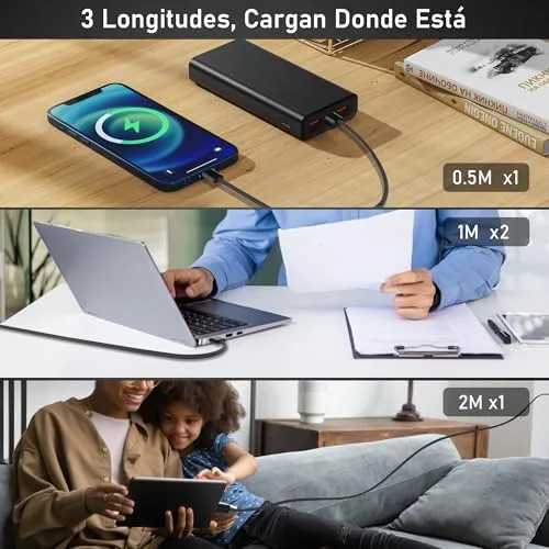 Anysea ▫️ Cabo USB-C para USB-C de carregamento rápido - Conjunto de 4 [2 m + 1 m + 1 m + 0,5 m] Cabo USB Tipo C de 60 W com carregamento rápido, trançado em nylon, para dados e carregamento de telemóveis, compatível com iPhone 17, 16, 15, Galaxy S25, S24, iPad e MacBook 5
