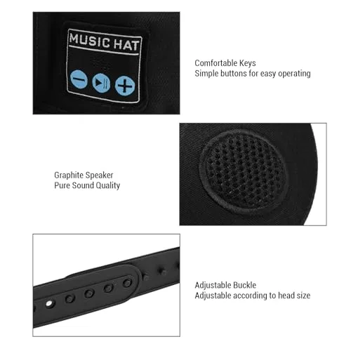 Denash ▫️ Bluetooth Music Cap, Chapéu com altifalante sem fios com 6 horas de autonomia e design lavável para correr ao ar livre (Preto) 6