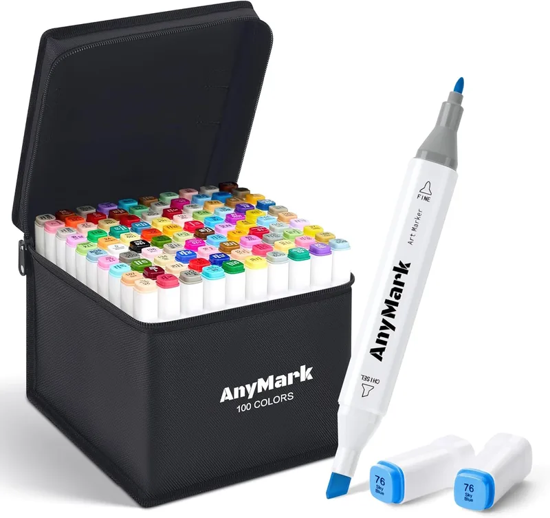 AnyMark ▫️ Canetas de marca à base de álcool, 100 cores, ponta biselada e ponta fina