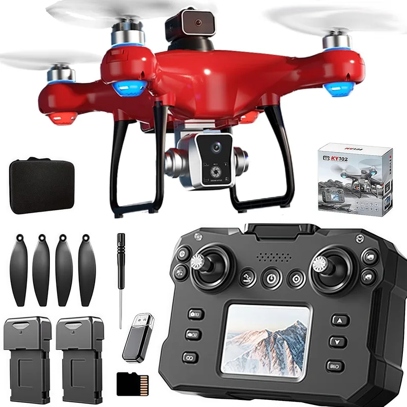 JOIN DAN ▫️ Drone KY102 com controlador com ecrã e cartão SD, motor sem escovas, localização por fluxo ótico, sistema ativo de evasão de obstáculos, 2 baterias, descolagem/aterragem com um toque. (vermelho)