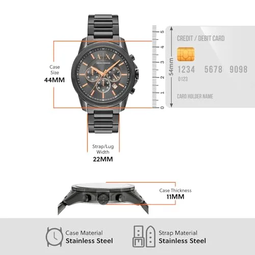 Armani Exchange ▫️ Relógio para homem, movimento cronógrafo de quartzo e caixa de 44 mm com bracelete em aço inoxidável 5
