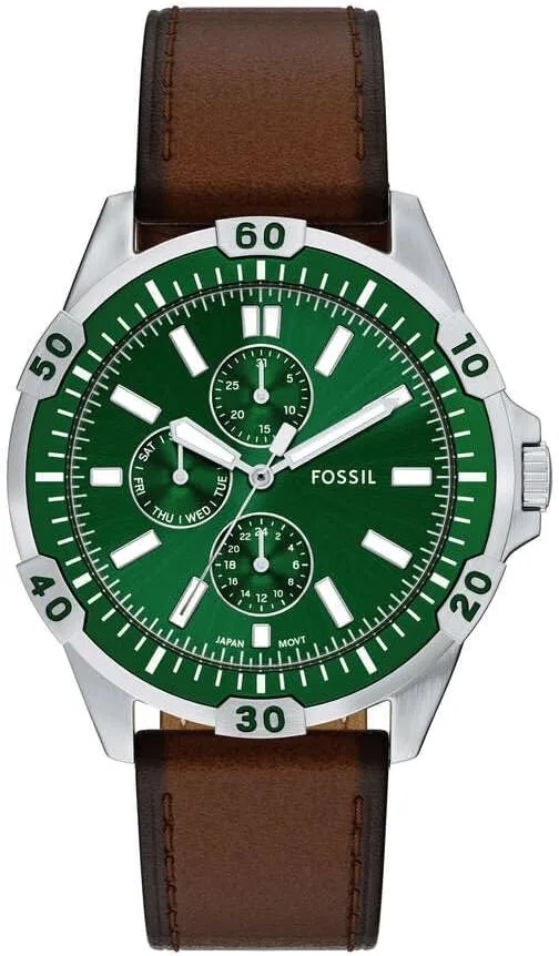 Fossil ▫️ Relógio Garrett para homem, movimento de quartzo multifunções com bracelete em aço inoxidável ou couro