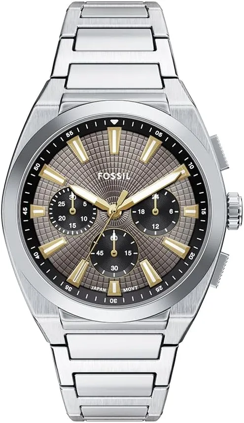 Fossil ▫️ Relógio Everett para homem, movimento cronógrafo de quartzo com bracelete em pele ou aço