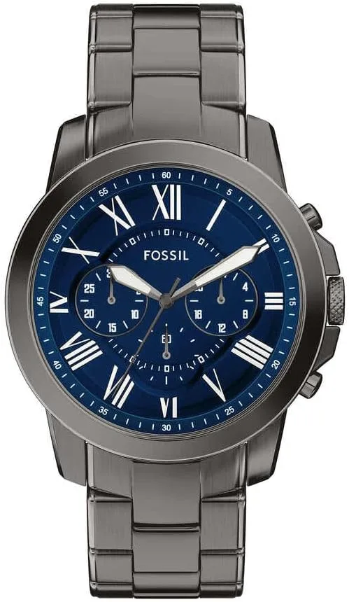 Fossil ▫️ Relógio de homem Grant, movimento de quartzo, caixa de 44 mm em aço inoxidável prateado com bracelete em pele, FS5210IE