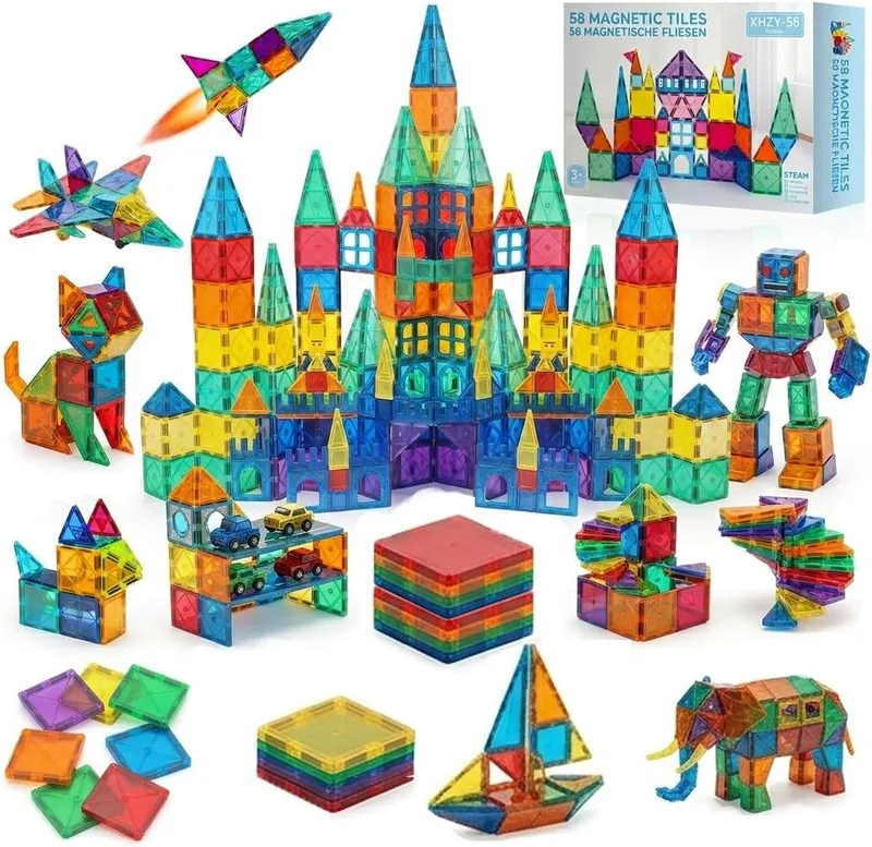 SURFOU ▫️ 58 azulejos magnéticos Brinquedos para crianças Ímanes de haste Brinquedos sensoriais Montessori, Jogos para crianças, Blocos de construção magnéticos para rapazes e raparigas, 3 4 5 6 7 8 anos de idade