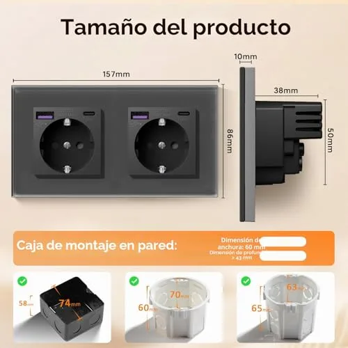 BSEED ▫️ Conjunto Schuko USB C 20 W, 1 tomada de 1 via + 1 tomada de 2 vias, tomada USB Tipo C com painel de vidro, tomada embutida para telemóvel, tablet, MP3, cinzenta 2