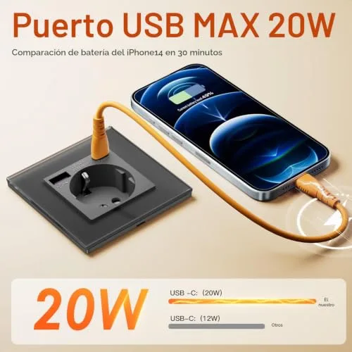 BSEED ▫️ Conjunto Schuko USB C 20 W, 1 tomada de 1 via + 1 tomada de 2 vias, tomada USB Tipo C com painel de vidro, tomada embutida para telemóvel, tablet, MP3, cinzenta 3