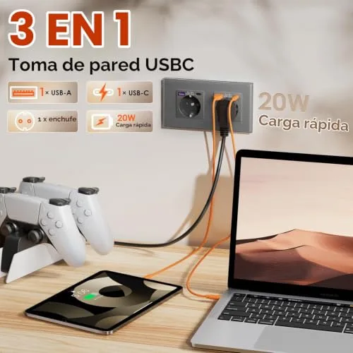 BSEED ▫️ Conjunto Schuko USB C 20 W, 1 tomada de 1 via + 1 tomada de 2 vias, tomada USB Tipo C com painel de vidro, tomada embutida para telemóvel, tablet, MP3, cinzenta 4