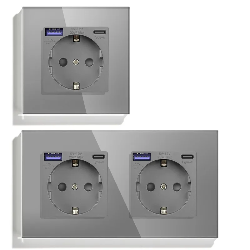 BSEED ▫️ Conjunto Schuko USB C 20 W, 1 tomada de 1 via + 1 tomada de 2 vias, tomada USB Tipo C com painel de vidro, tomada embutida para telemóvel, tablet, MP3, cinzenta