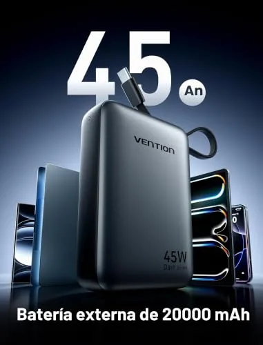 VENTION ▫️ Mini Power Bank de 45 W e 20 000 mAh com cabo USB-C integrado, carregador rápido PD/PPS, baterias externas para telemóveis com ecrã LED para iPhone 16/15/14, Galaxy S25/S24, iPad e computador 2