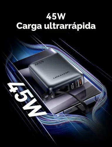 VENTION ▫️ Mini Power Bank de 45 W e 20 000 mAh com cabo USB-C integrado, carregador rápido PD/PPS, baterias externas para telemóveis com ecrã LED para iPhone 16/15/14, Galaxy S25/S24, iPad e computador 4