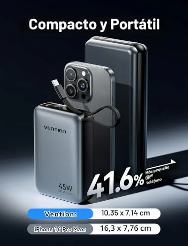 VENTION ▫️ Mini Power Bank de 45 W e 20 000 mAh com cabo USB-C integrado, carregador rápido PD/PPS, baterias externas para telemóveis com ecrã LED para iPhone 16/15/14, Galaxy S25/S24, iPad e computador 5