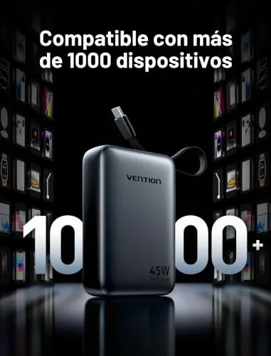 VENTION ▫️ Mini Power Bank de 45 W e 20 000 mAh com cabo USB-C integrado, carregador rápido PD/PPS, baterias externas para telemóveis com ecrã LED para iPhone 16/15/14, Galaxy S25/S24, iPad e computador 7