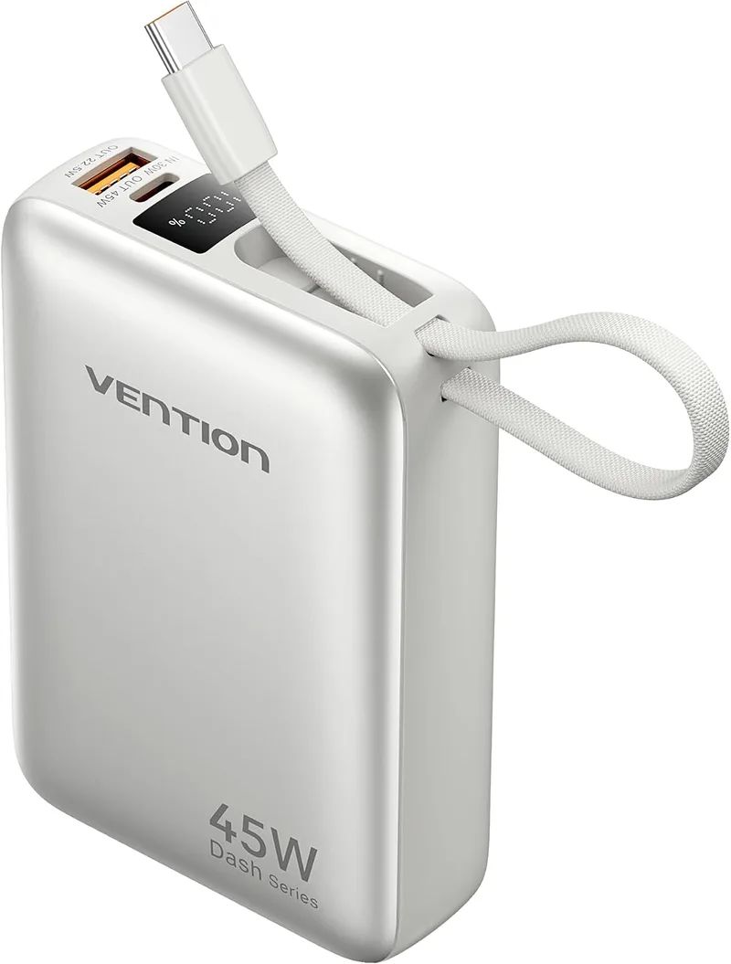 VENTION ▫️ Mini Power Bank de 45 W e 20 000 mAh com cabo USB-C integrado, carregador rápido PD/PPS, baterias externas para telemóveis com ecrã LED para iPhone 16/15/14, Galaxy S25/S24, iPad e computador