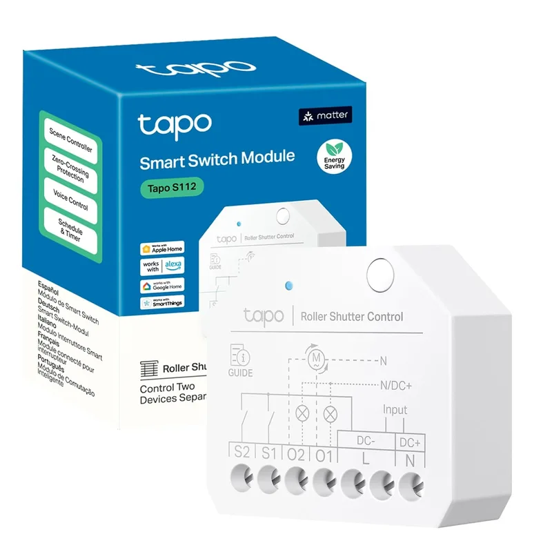 Tapo ▫️ S112 – Interruptor inteligente Wi-Fi e Bluetooth de 2 canais, compatível com Matter, Alexa e Google, modo luz/persiana, aplicação controlo remoto, sem hub, proteção contra cruzamento zero