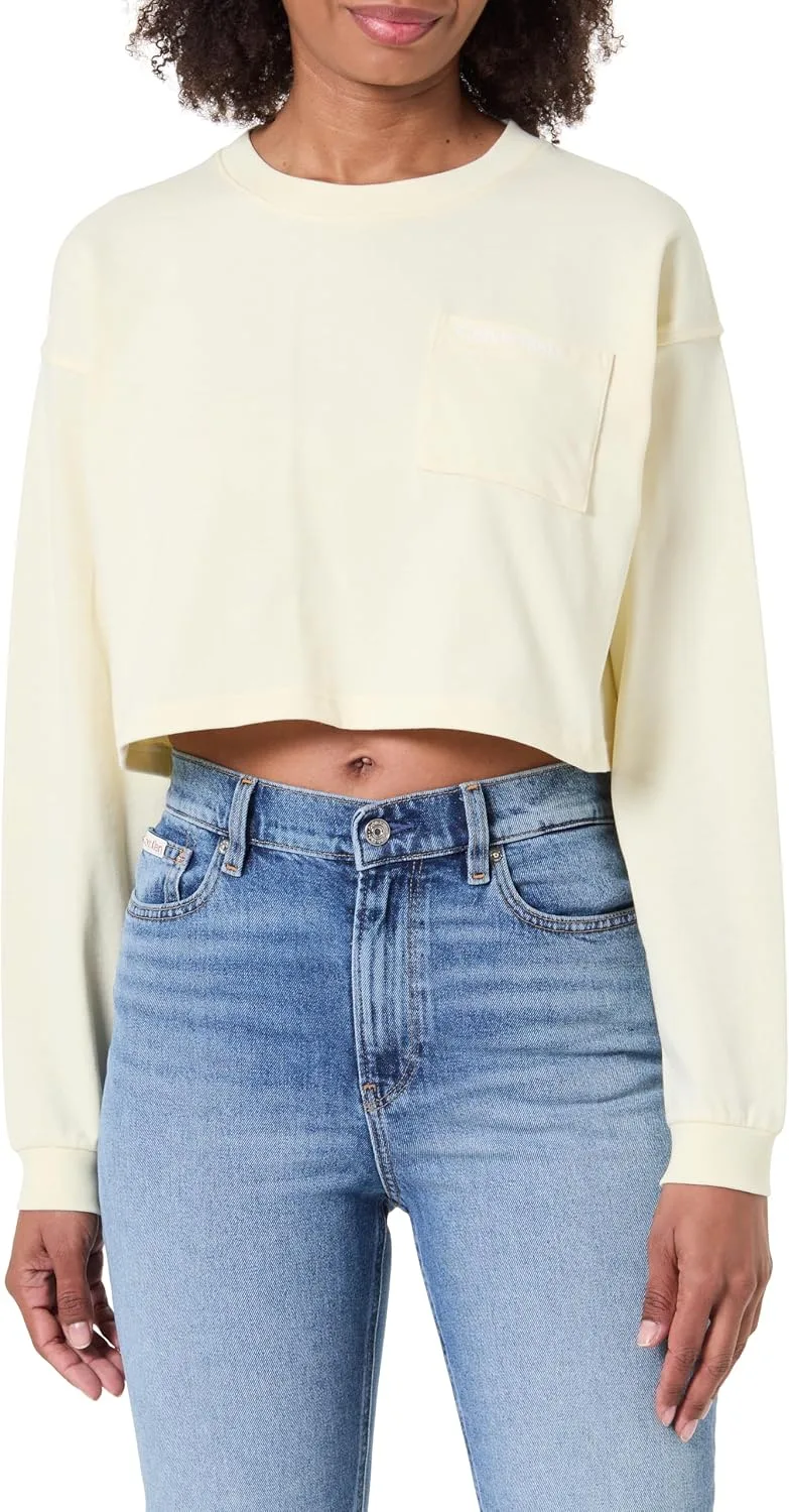 Calvin Klein ▫️ Camisola de dormir feminina com logótipo, manga comprida e corte curto Lv00qs7516