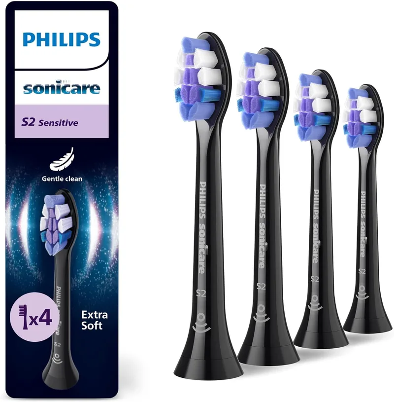 PHILIPS ▫️ Sonicare S2 Sensitive, embalagem com 4 cabeças para escova de dentes elétrica, preta, HX6054/88