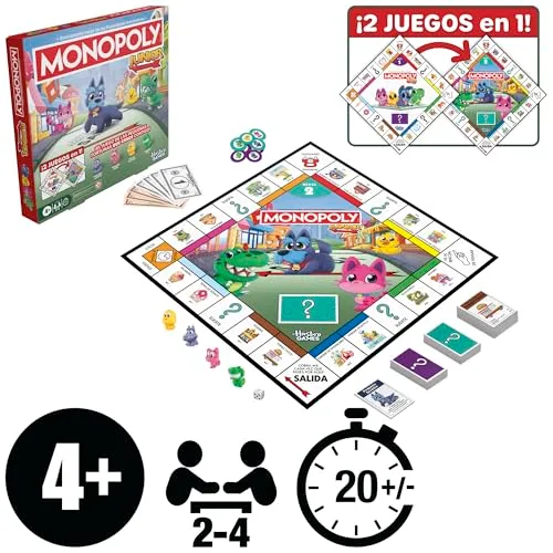 Hasbro Gaming ▫️ Jogo de mesa Monopoly Junior (Edição de 2026) | 2 jogos num só para crianças pequenas, tabuleiro de duas faces | A partir dos 4 anos | 2-4 jogadores | 20 min. | Presentes para crianças em idade pré-escolar - Versão em espanhol 2