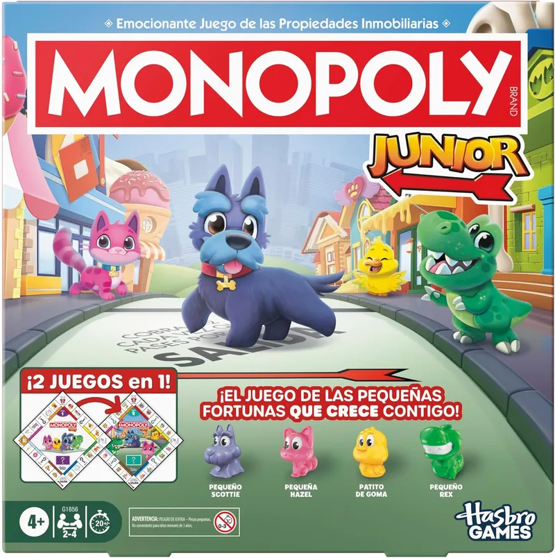 Hasbro Gaming ▫️ Jogo de mesa Monopoly Junior (Edição de 2026) | 2 jogos num só para crianças pequenas, tabuleiro de duas faces | A partir dos 4 anos | 2-4 jogadores | 20 min. | Presentes para crianças em idade pré-escolar - Versão em espanhol