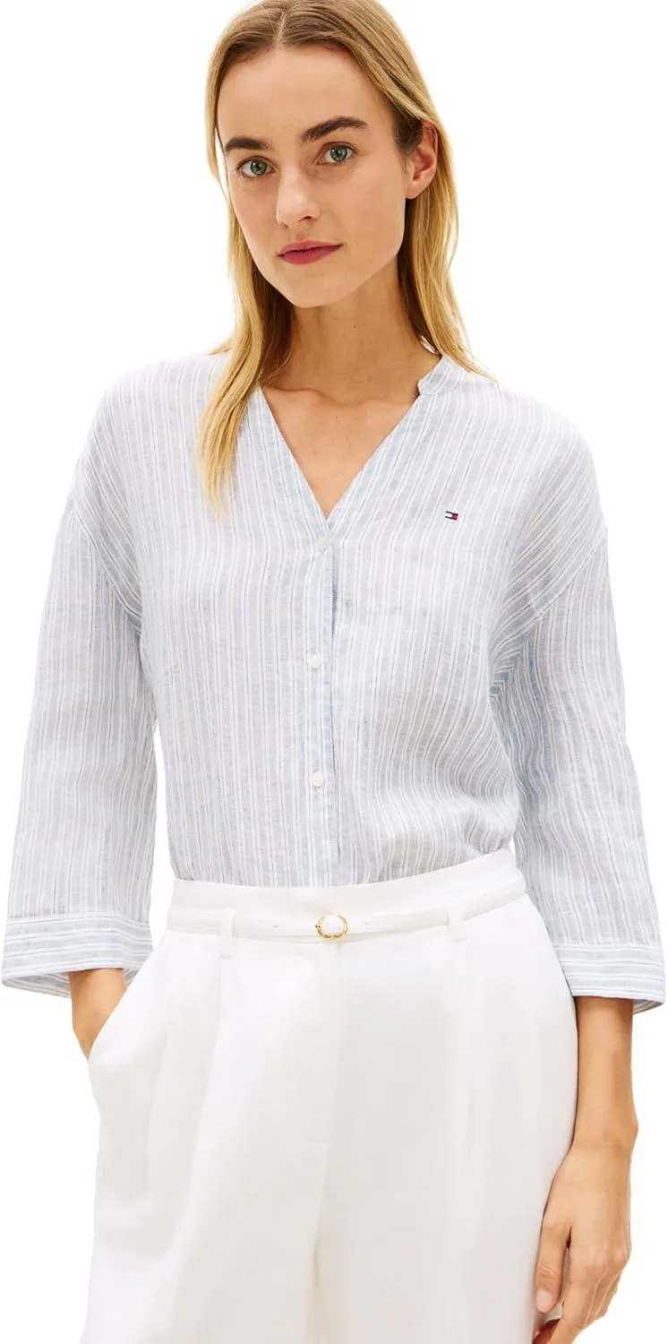 Tommy Hilfiger ▫️ Camisa ESS sem colarinho em linho Ww0ww48926, manga comprida, para mulher (pacote de 1)