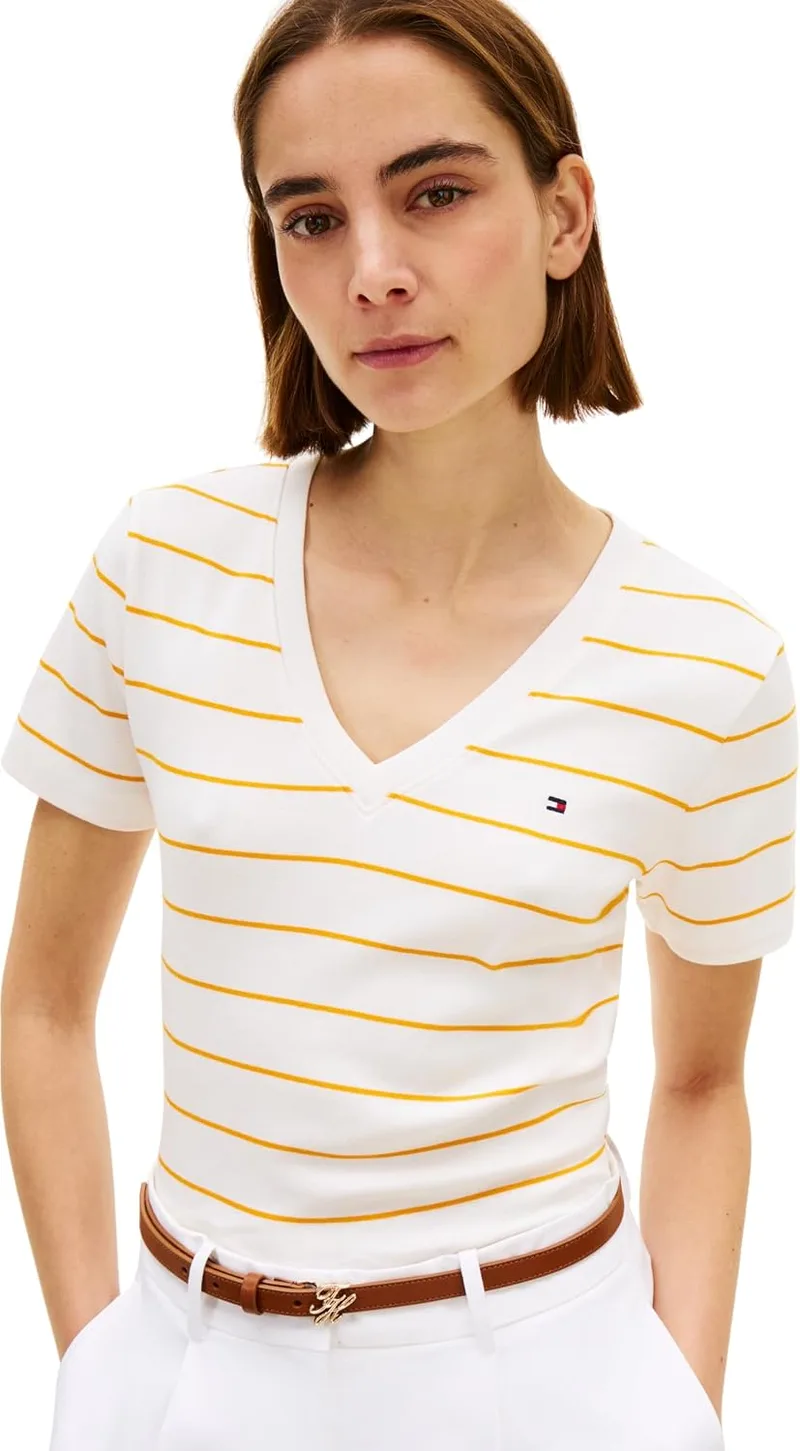 Tommy Hilfiger ▫️ Camiseta de manga curta para mulher New Slim Cody com decote em V