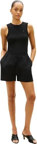 Tommy Hilfiger ▫️ Calções para mulher, em linho, com detalhes característicos da marca, pretos (Black), tamanho M 4