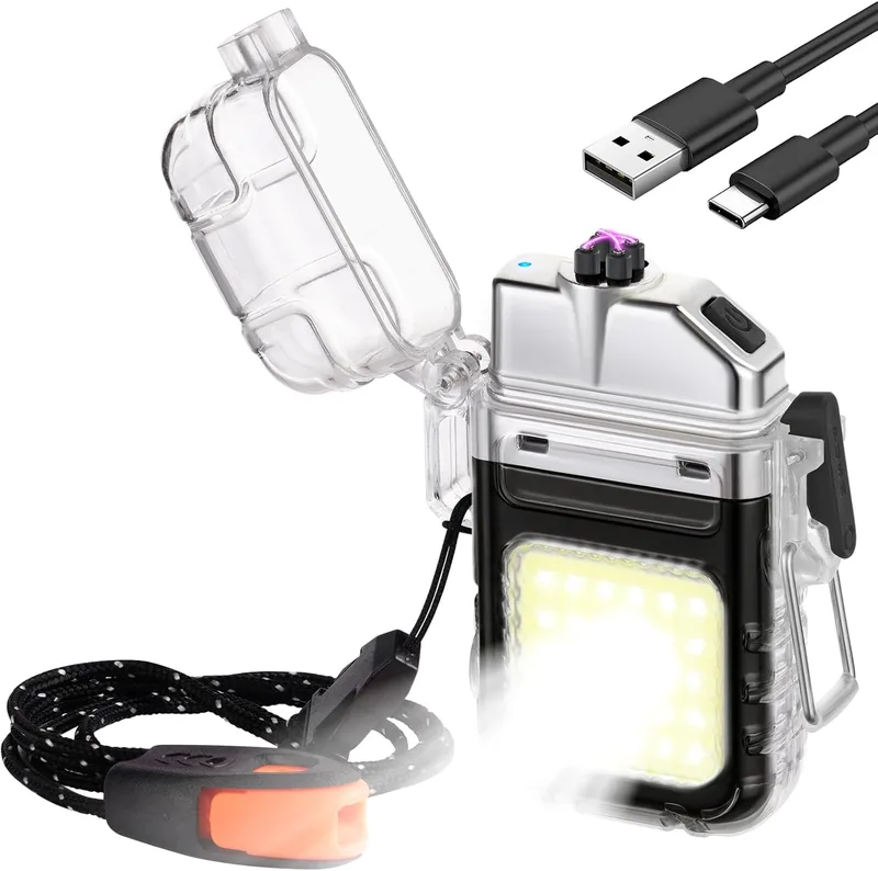 Vicloon ▫️ Isqueiro elétrico isqueiro eletrónico recarregável USB C, isqueiro de arco duplo com lanterna, à prova de vento, à prova de água, isqueiro de vela, presente para o pai, avô (preto)