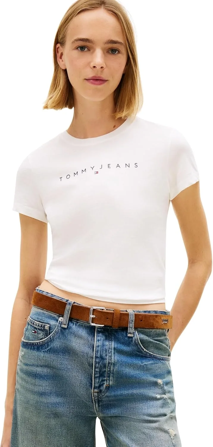 Tommy Jeans ▫️ Camiseta de manga curta para mulher, modelo Linear, corte justo
