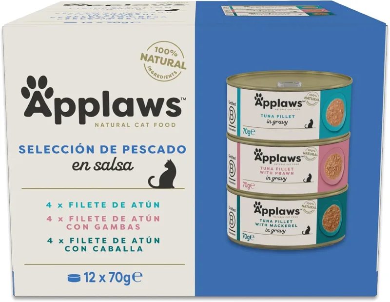 Applaws ▫️ 100 % Natural – Comida húmida para gatos adultos, seleção de peixe em molho – Multipack, 12 latas de 70 g