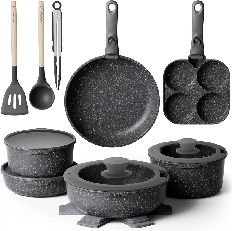 YASHE ▫️ Conjunto de cozinha antiaderente de 20 peças – Conjunto de panelas e frigideiras com pegas removíveis, lavável na máquina de lavar louça, empilhável, ideal para famílias, cinzento