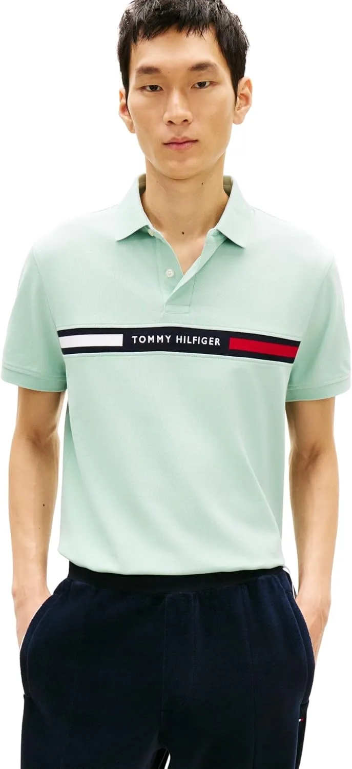 Tommy Hilfiger ▫️ Polo de manga curta para homem, com inserção no peito, corte regular