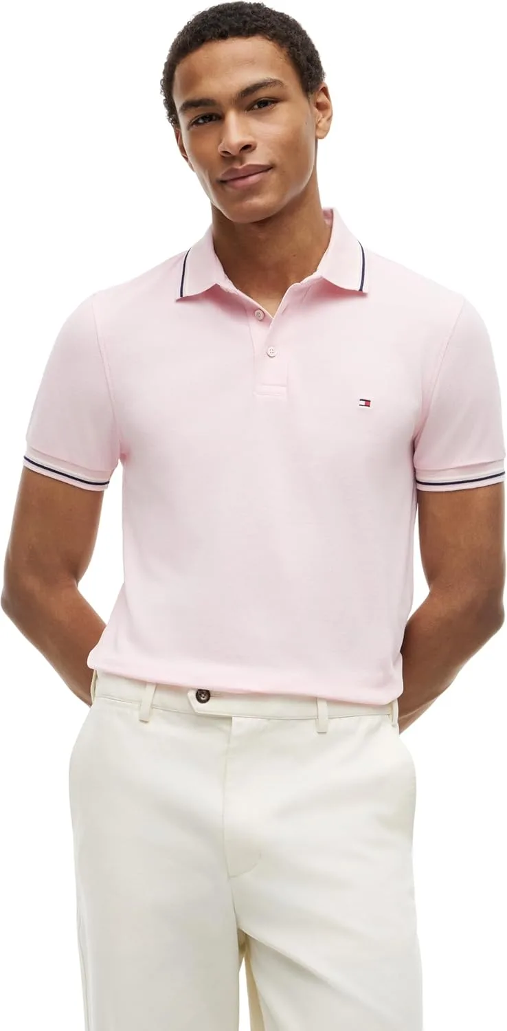 Tommy Hilfiger ▫️ Polo de manga curta para homem, com detalhes em contraste, coleção sazonal, corte justo